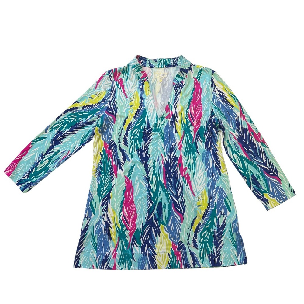 Lilly Pulitzer Tunic Top Small Multicolor Feather Print 3/4 Sleeve Rayon
